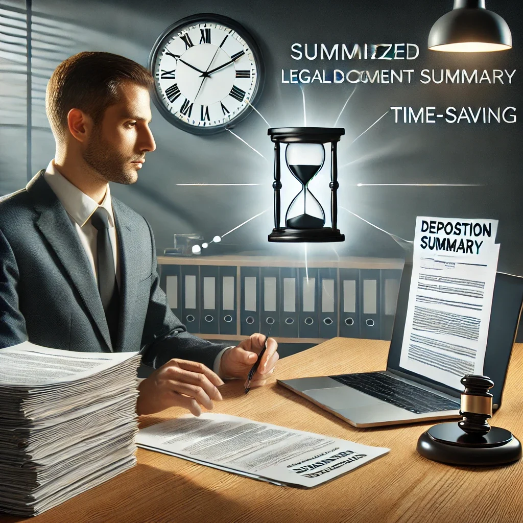 A lawyer reviews deposition summaries in a professional office setting, highlighting the efficiency and time management of legal document services with a focus on cost-effectiveness.