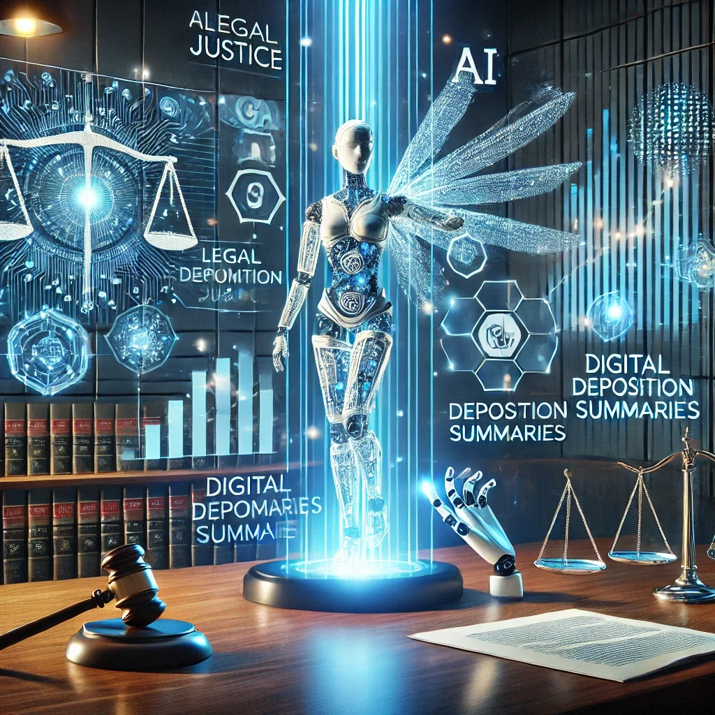 Futuristic depiction of legal documentation featuring traditional scales of justice alongside AI interfaces, holographic screens, and robotic elements in a sleek courtroom setting.